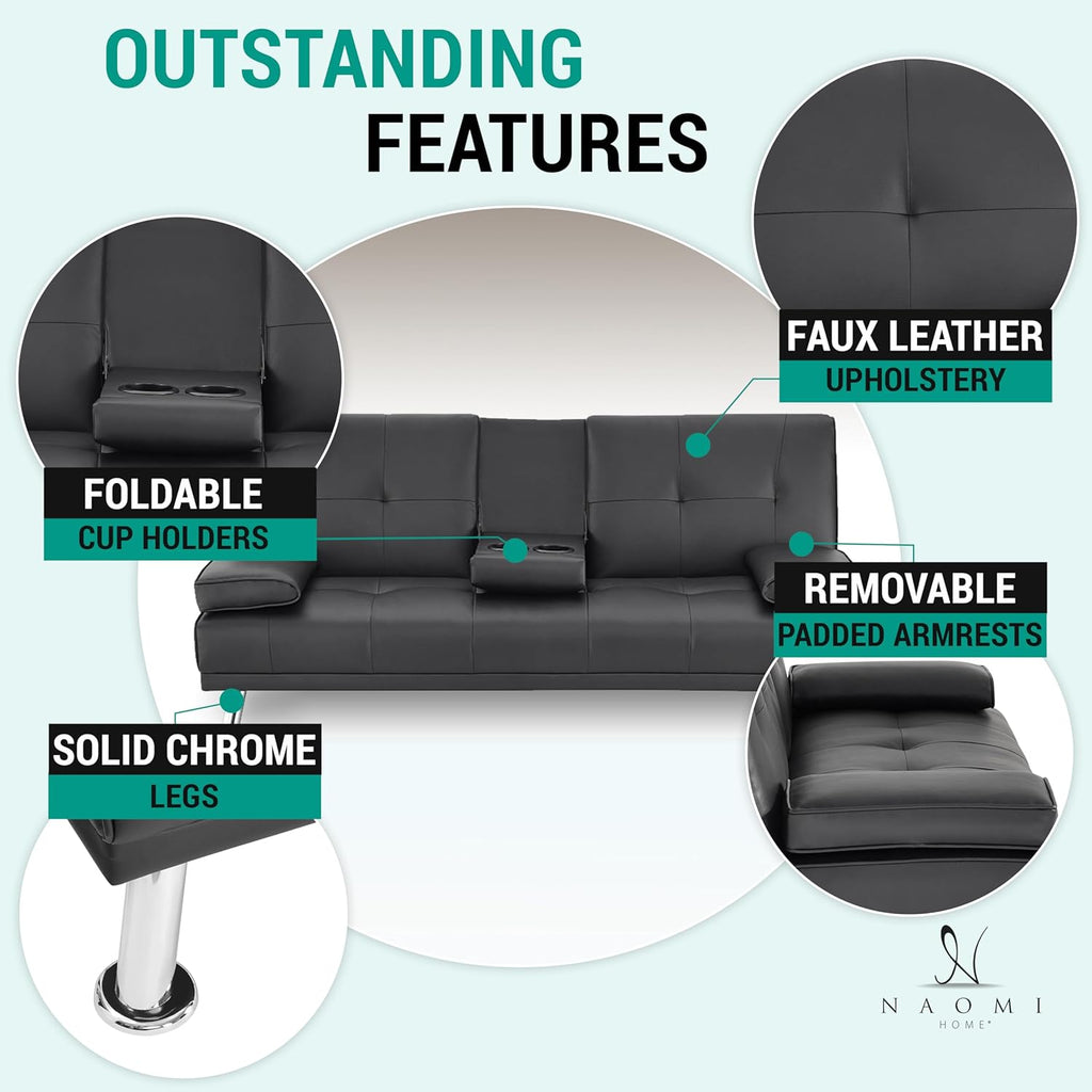 Naomi Home Compact Convertible Futon Sofa Bed – Modern Faux Leather Sleeper Couch for Small Spaces, Apartments & Dorms – Adjustable Lounger with Cup Holders & Removable Armrests, Black