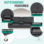 Naomi Home Compact Convertible Futon Sofa Bed – Modern Faux Leather Sleeper Couch for Small Spaces, Apartments & Dorms – Adjustable Lounger with Cup Holders & Removable Armrests, Black