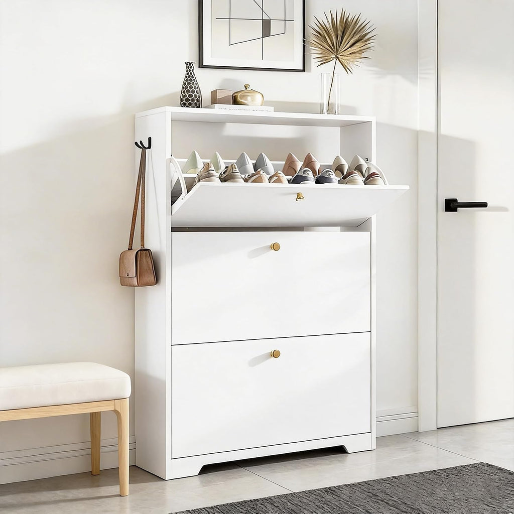 Nicetree Shoe Cabinet with 3 Flip Drawers, Narrow Shoe Organizer Cabinet, Freestanding Shoe Rack Cabinet, Modern Shoe Storage Cabinet for Entryway, Hallway, Foyer, White with Hook