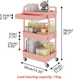 Calmootey 3-Tier Rolling Utility Cart with Drawer,Multifunctional Storage Organizer with Plastic Shelf & Metal Wheel,Storage Cart for Kitchen,Bathroom,Living Room,Office,Pink