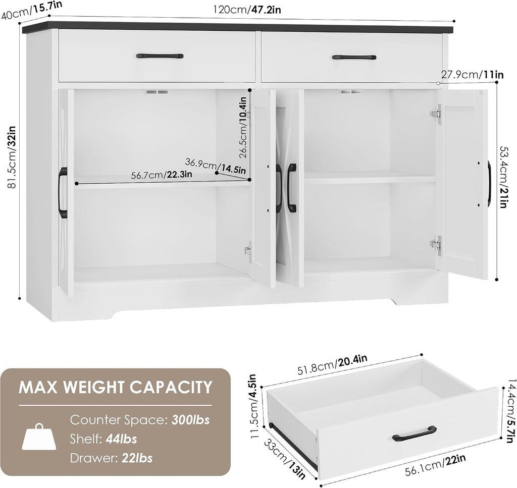 HOSTACK Buffet Cabinet with Storage, 47.2" Kitchen Sideboard Buffet with Drawers, Modern Farmhouse Coffee Bar Station with Shelves, Barn Doors Storage Cabinet for Living Room, White/Black