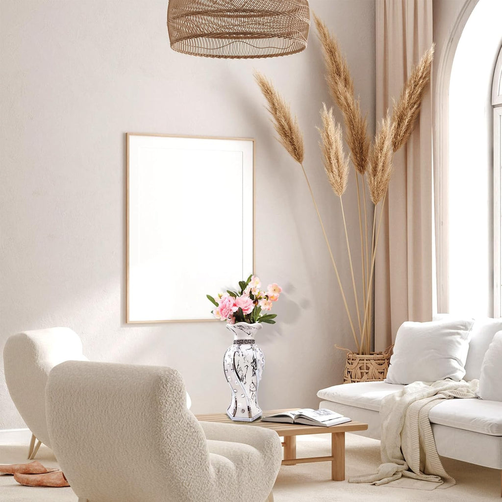 Modern Decorative Vase,Silver Flower Vase for Home Decor with Rhinestone,30 cm Luxury Ceramic Vase for Centerpiece,Living Room,Bedroom,Large Flower Vase