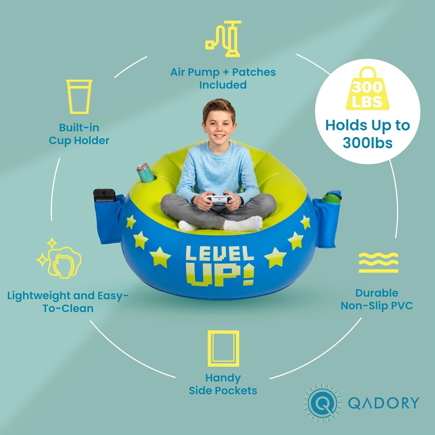 Inflatable Gaming Chair for Kids – Supports Up to 300 lbs, Includes Air Pump, Cup Holder, 2 Pockets – Durable Bean Bag Seat, Comfy Kids Gaming Chair & Top Gamer Chairs for Kid Room