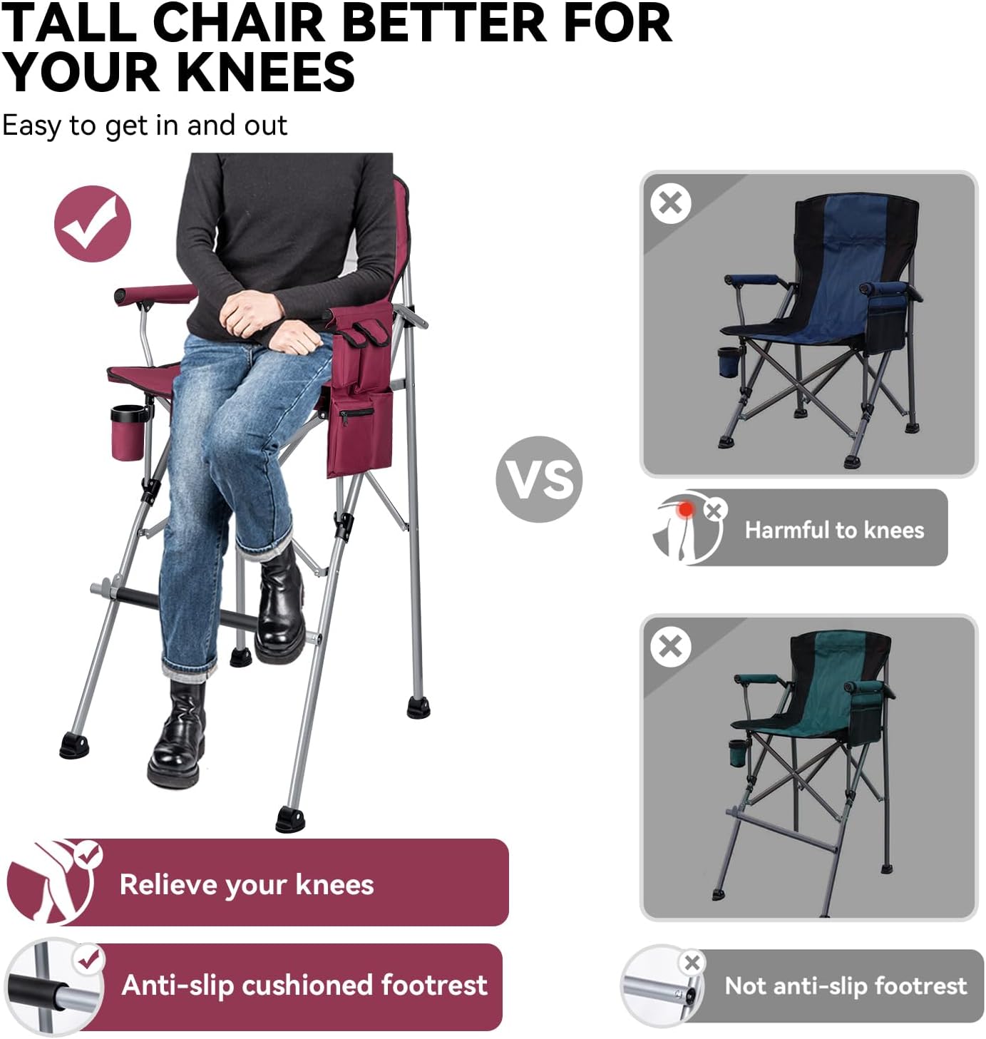 Foldable Directors Makeup Salon High Chair - Portable Camping Bar Height Folding Photoshoot Chairs with Stroage Bag Cup Holder Non-Slip Footrest, Supports 400 lbs Red Tall Director Chair