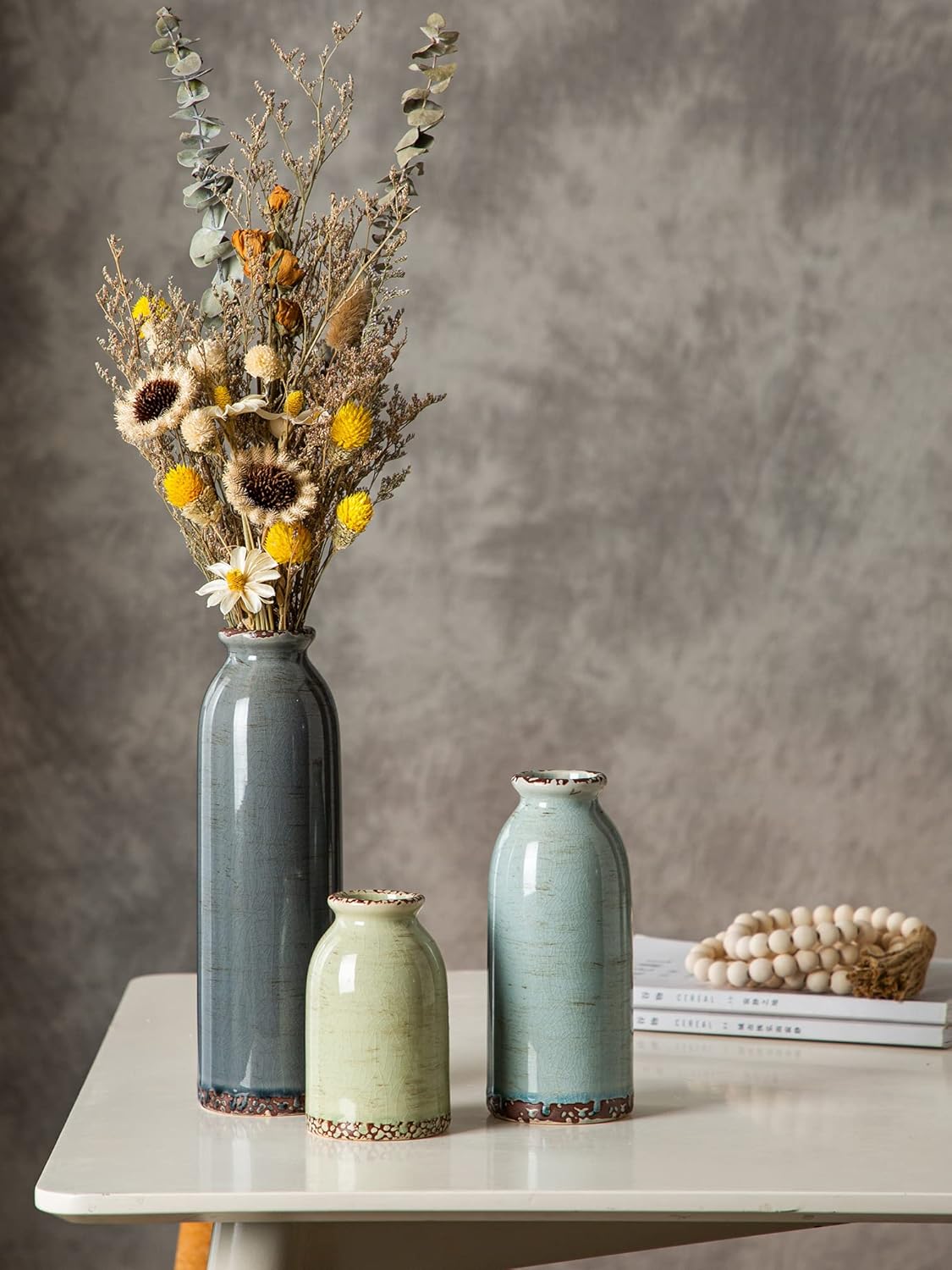 CWLWGO-Ceramic Flower Vase Set of 3, Pottery Decorative Vases for Modern Farmhouse, Living Room Kitchen Table Centerpieces, Idea Bookshelf Mantel and Entrance Decor - Multicolor
