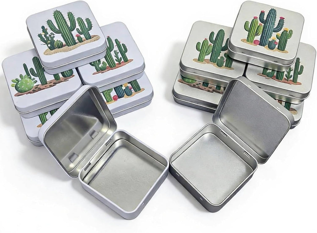 Goodma 12 Pieces Square Metal Empty Tins with Hinged Lid | Home Storage Containers Organizer, Mini Box, Cactus Image, 2.76x2.76x0.79 inch, 2 Colors Assorted