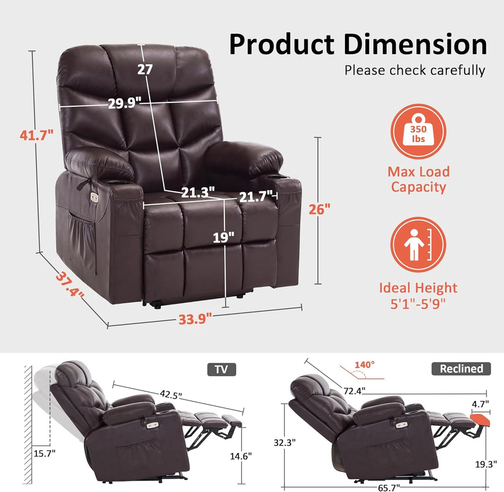 MCombo Power Lift Recliner Chair with Extended Footrest for Elderly People, for Mom, Faux Leather 7287 (Dark Brown, Medium)