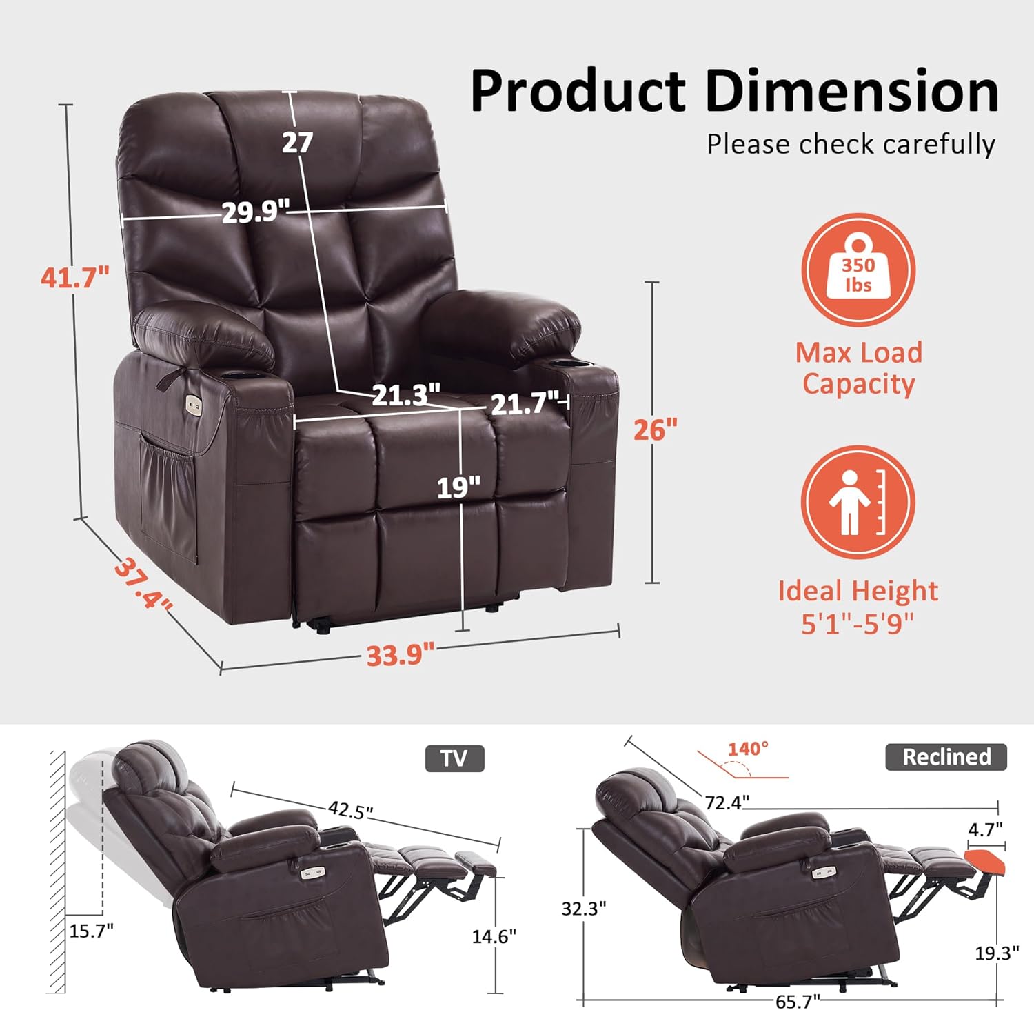 MCombo Power Lift Recliner Chair with Extended Footrest for Elderly People, for Mom, Faux Leather 7287 (Dark Brown, Medium)