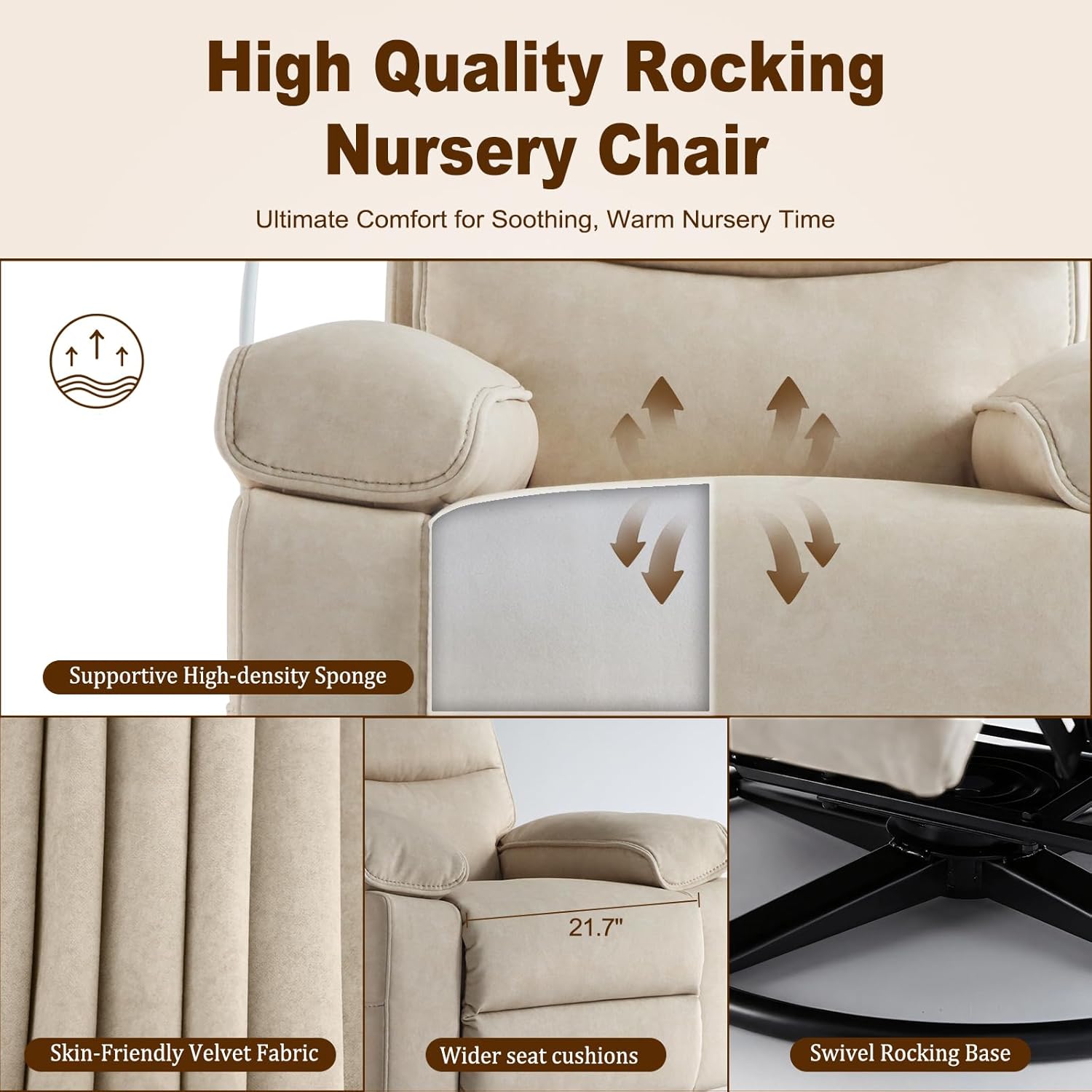360° Swivel Glider Rocking Chair Nursery， Oversized Recliner with Phone Holder，Nursing Chairs for Breastfeeding with Wide Foot Rest for Living Room and Baby Room,Linen