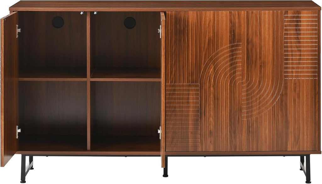 Mid-Century Modern Walnut Sideboard Buffet Cabinet, 59*16*33 inches Geometric Carved Storage Cabinet with Metal Legs, Coffee Bar Entryway Console Table Storage for Dinning Room, Living Room