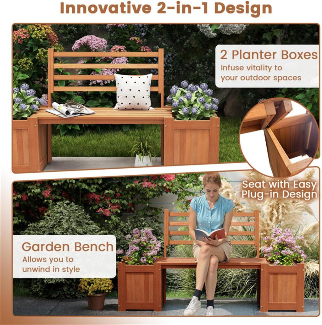 Garden Bench with Planter Boxes - Hardwood Build (Wear-Resistant), Displays Faux Trees/Potted Plants, Enhances Outdoor Aesthetic
