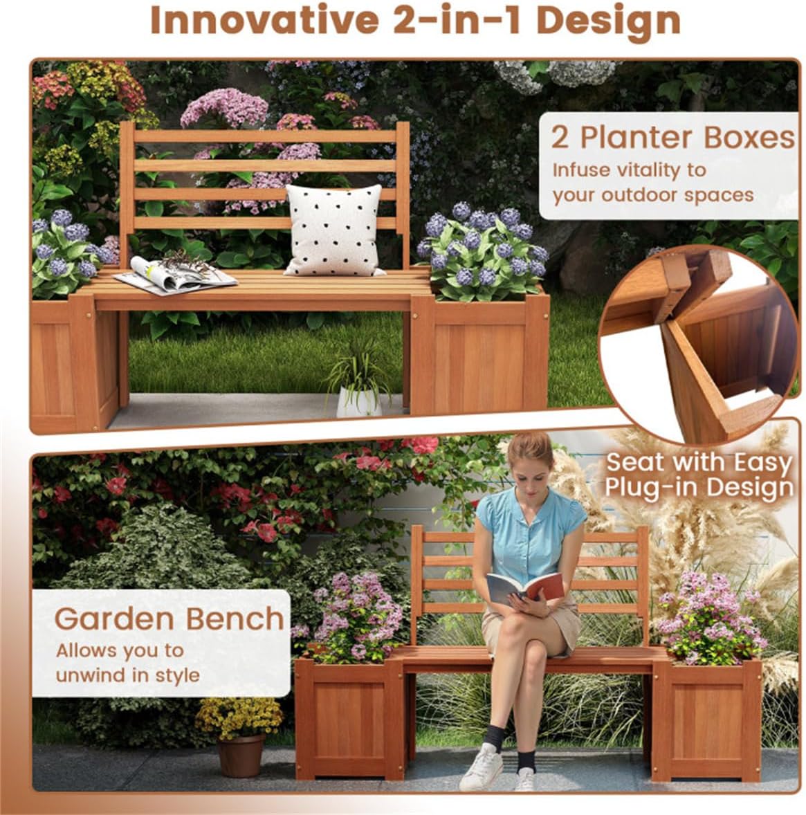 Garden Bench with Planter Boxes - Hardwood Build (Wear-Resistant), Displays Faux Trees/Potted Plants, Enhances Outdoor Aesthetic
