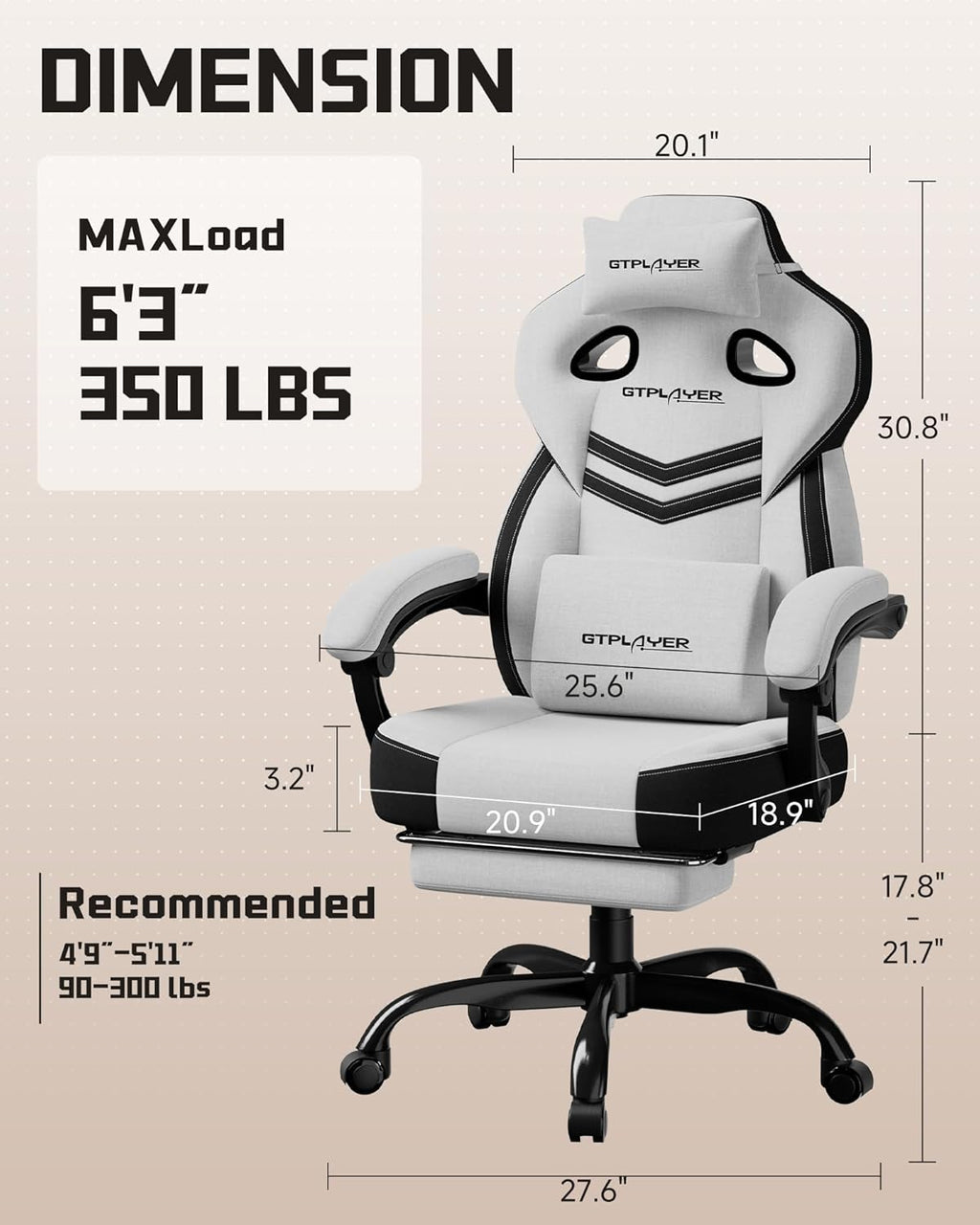 GTPLAYER Gaming Chair for Adults- Ergonomic Big & Tall Gaming Seat with Footrest & Lumbar Support, Fabric Comfortable Computer Office Chair 90-155° Reclining - Heavy Duty Wide Seat, Bright Grey