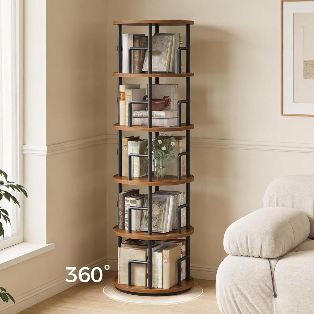MAHANCRIS Rotating Bookshelf, 5-Tier Book Shelf, 360° Spinning Bookcase, Freestanding Storage Shelf with Guardrails, for Small Space, Living Room, Bedroom, Home Office, Rustic Brown and Black BKHR4501