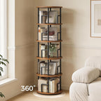 MAHANCRIS Rotating Bookshelf, 5-Tier Book Shelf, 360° Spinning Bookcase, Freestanding Storage Shelf with Guardrails, for Small Space, Living Room, Bedroom, Home Office, Rustic Brown and Black BKHR4501