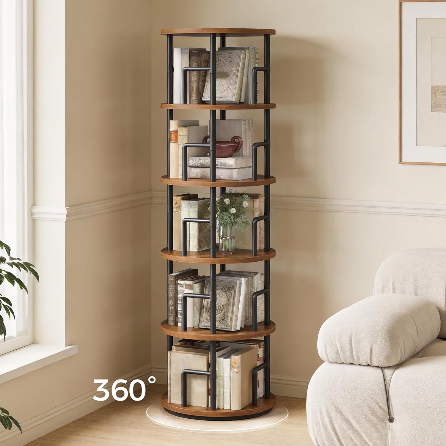 MAHANCRIS Rotating Bookshelf, 5-Tier Book Shelf, 360° Spinning Bookcase, Freestanding Storage Shelf with Guardrails, for Small Space, Living Room, Bedroom, Home Office, Rustic Brown and Black BKHR4501