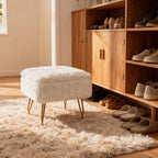 Small Foot Stool with Storage & Gold Metal Legs, Small Ottoman Foot Rest Under Desk for Couch, Chair, White Furry with High-Density Resilient Sponge