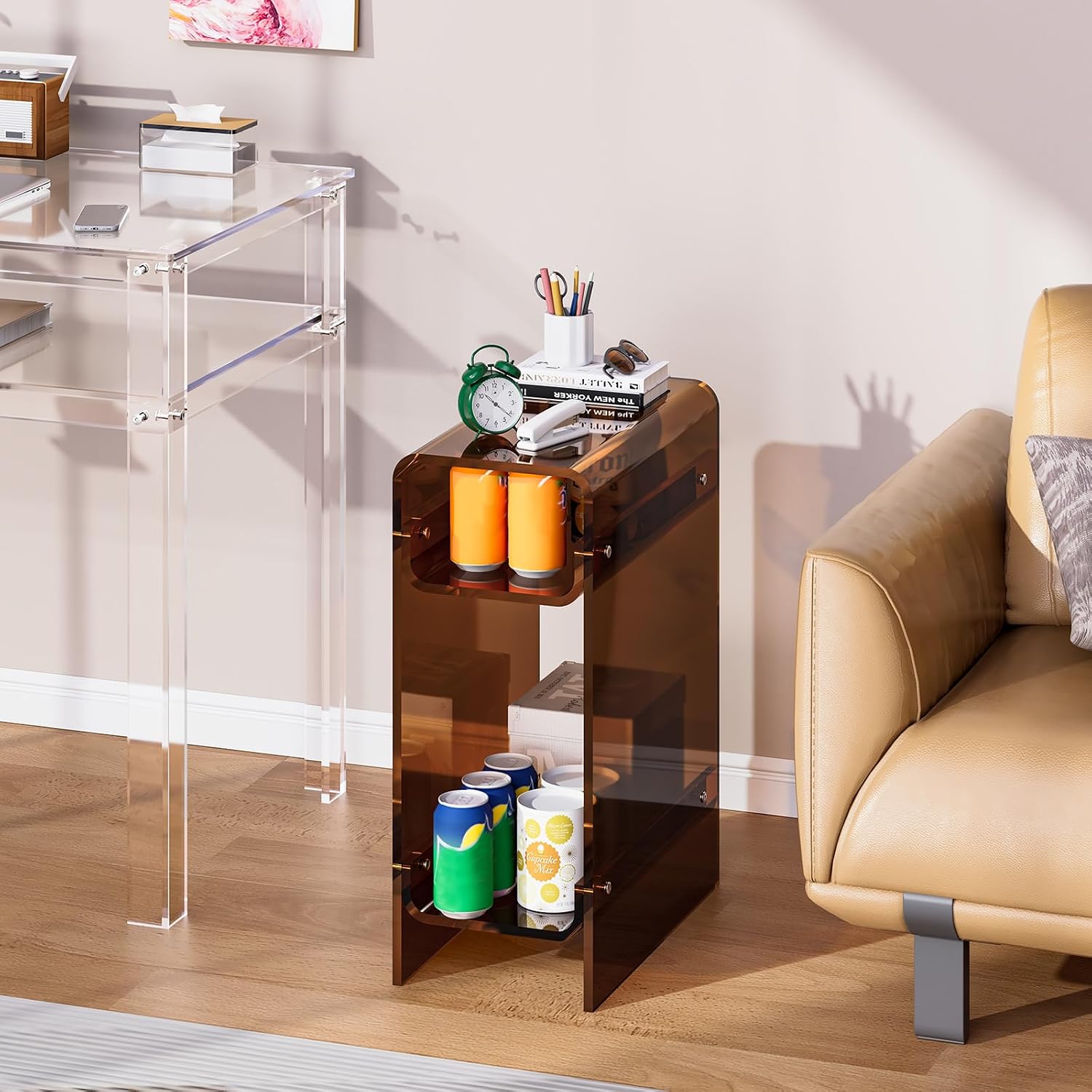 Clear Acrylic Side Table, Narrow Nightstand Bedside Table for Bedroom, Skinny Small End Table (Dark Brown, 8.7'' x 15.7'' x 21.7")
