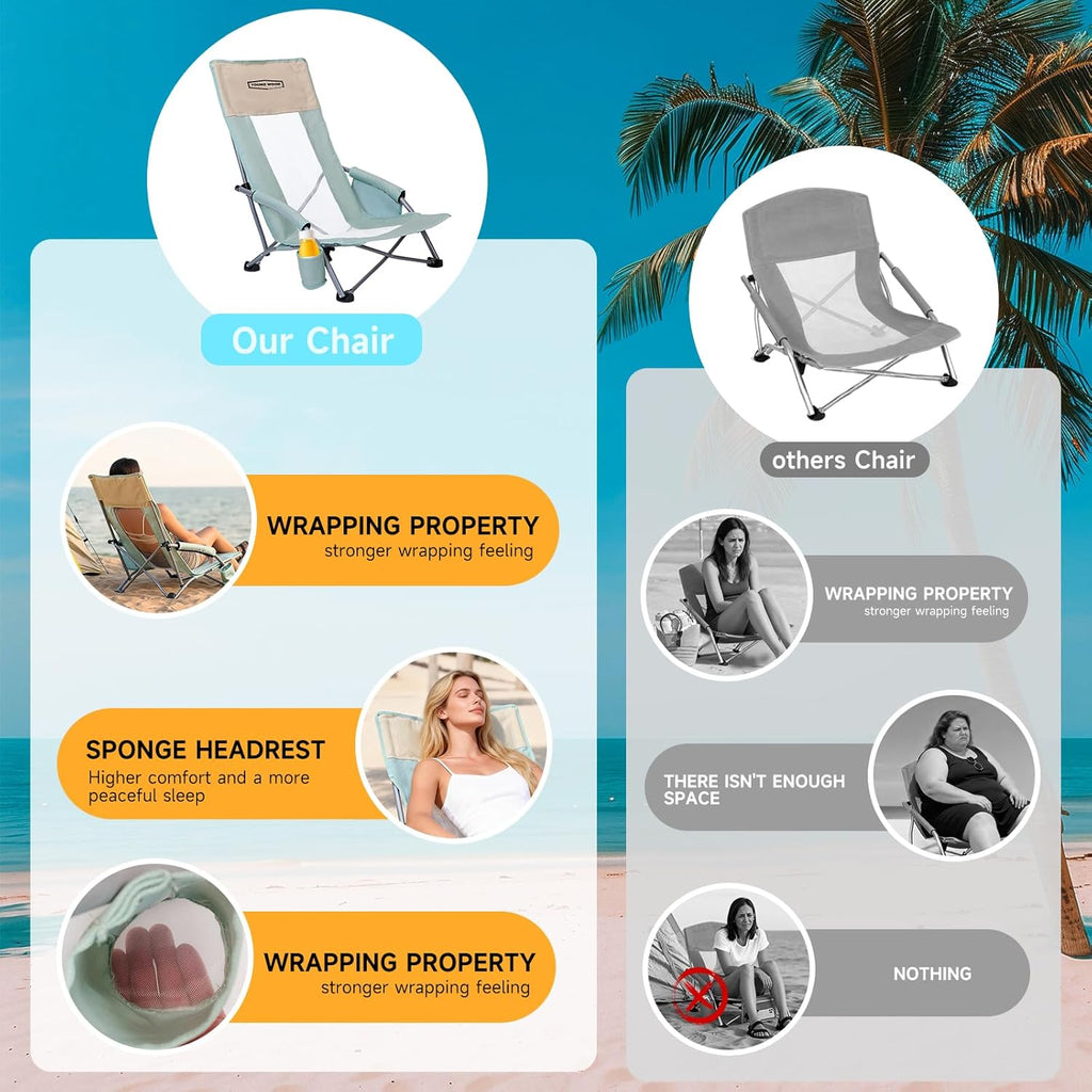 YOUNG WOOD High Beach Chair, Camping Chair, High Back Extra Wide Seat Chair with Comfortable Pillow & Storage Pocketsuitable for Adults, Children and Pets,Load Capacity 350lb,Blue,1p
