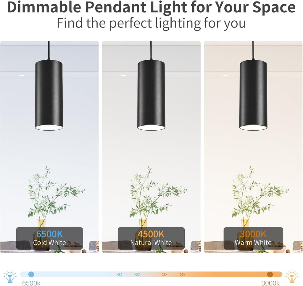 4" Pendant Lights Kitchen Island, 25W Cylinder Hanging Lights with Dipswitch, Modern Eye Care Led Pendant Lamp fixtures for Bedroom, Living Room, Office (Black, 2 Pcs)