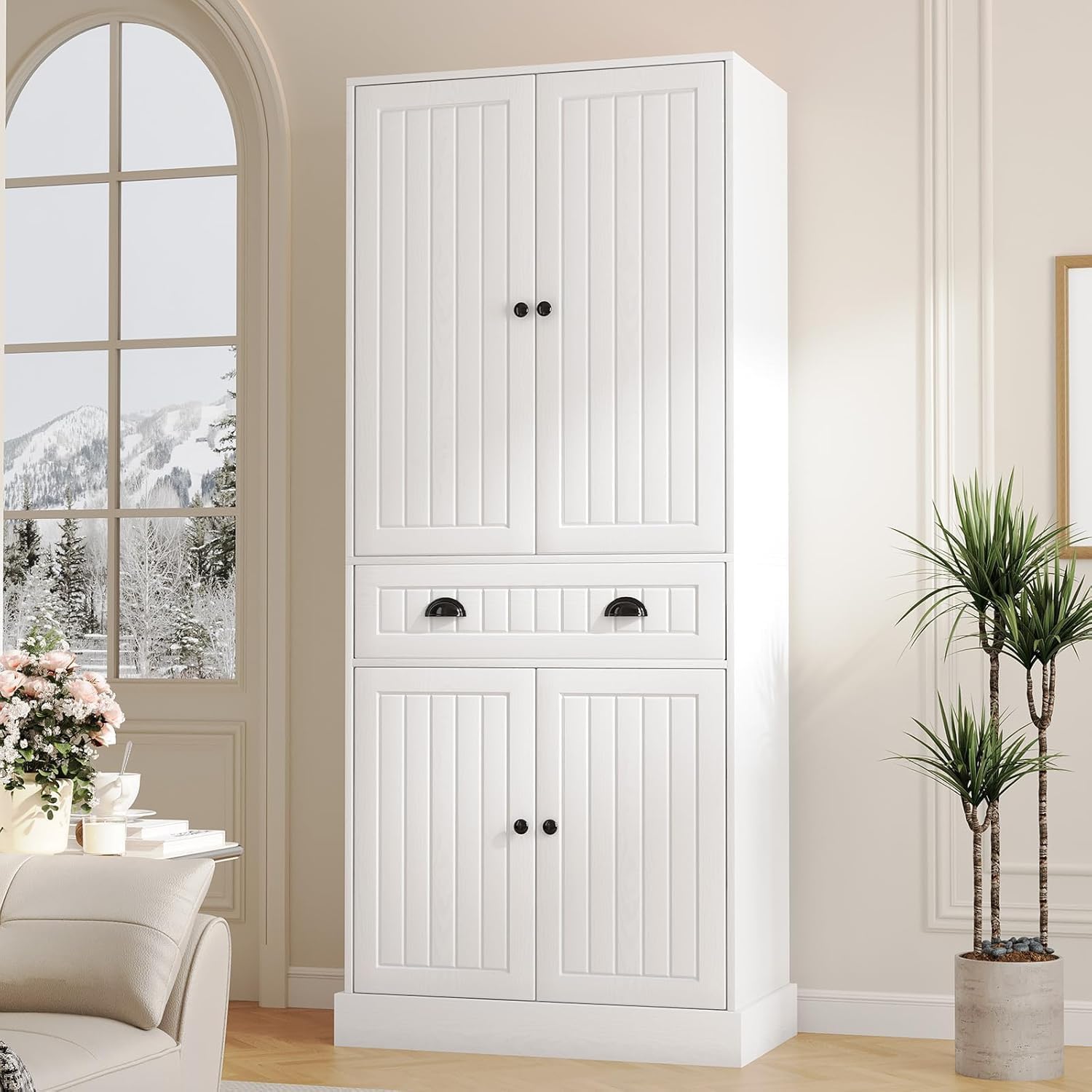 4 EVER WINNER 72" Tall Kitchen Pantry Storage Cabinet, Farmhouse Pantry Cabinet with Adjustable Shelves and Drawers, Rustic Wood Cupboard for Kitchen, Dining Room, Living Room, Bedroom, White