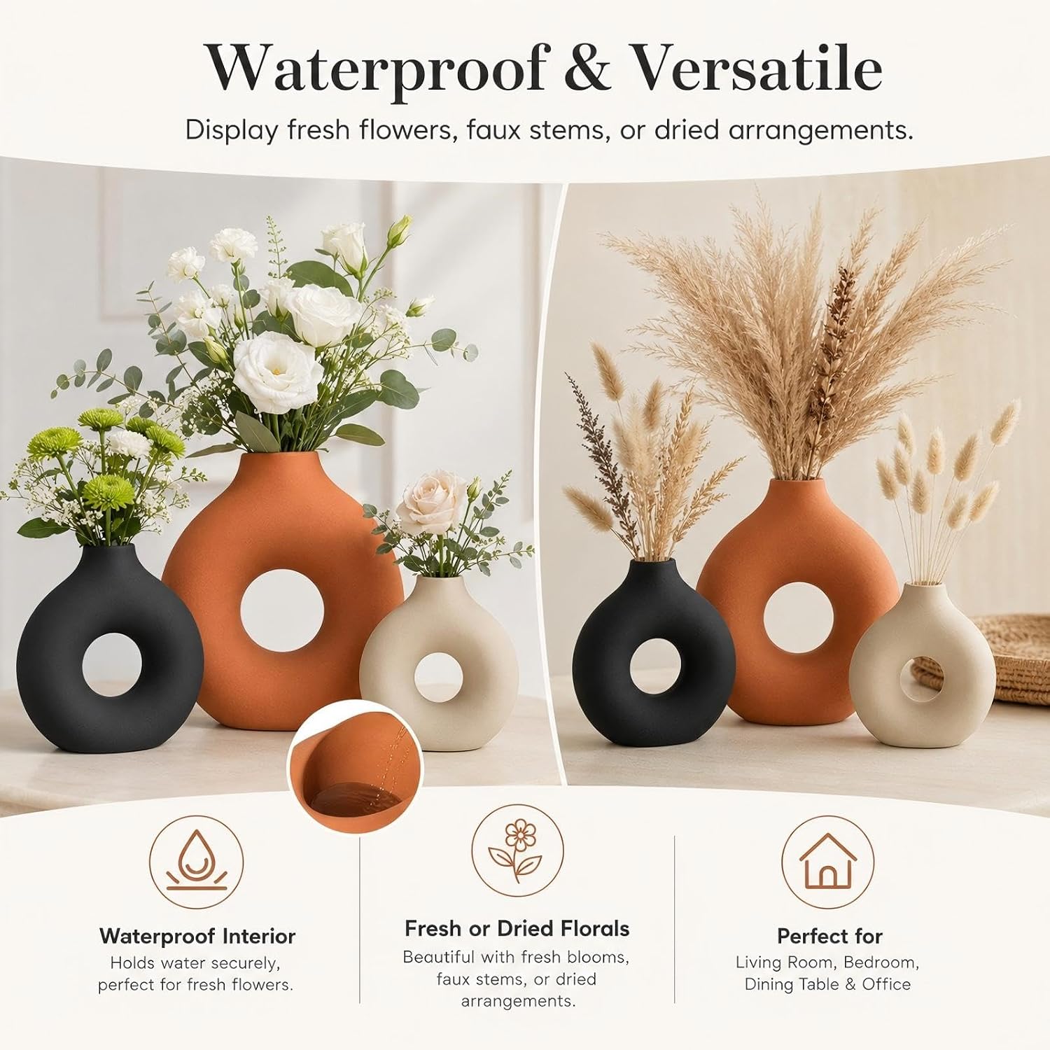 3 Pcs Ceramic Vase Rust for Modern Home Decor Round Circle Matte Boho Donut Vase for Table Decor Living Room Minimalist Nordic, 9.4", 7.7", 5.6"