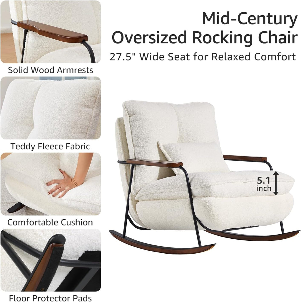 zyz Oversized Nursery Rocking Chair with Pillow, Teddy Upholstered Rocker Chair with Solid Wood & Steel Frame, 25° Gentle Rocking Accent Chair with DIY Ottoman Footrest for Living Room Bedroom, White