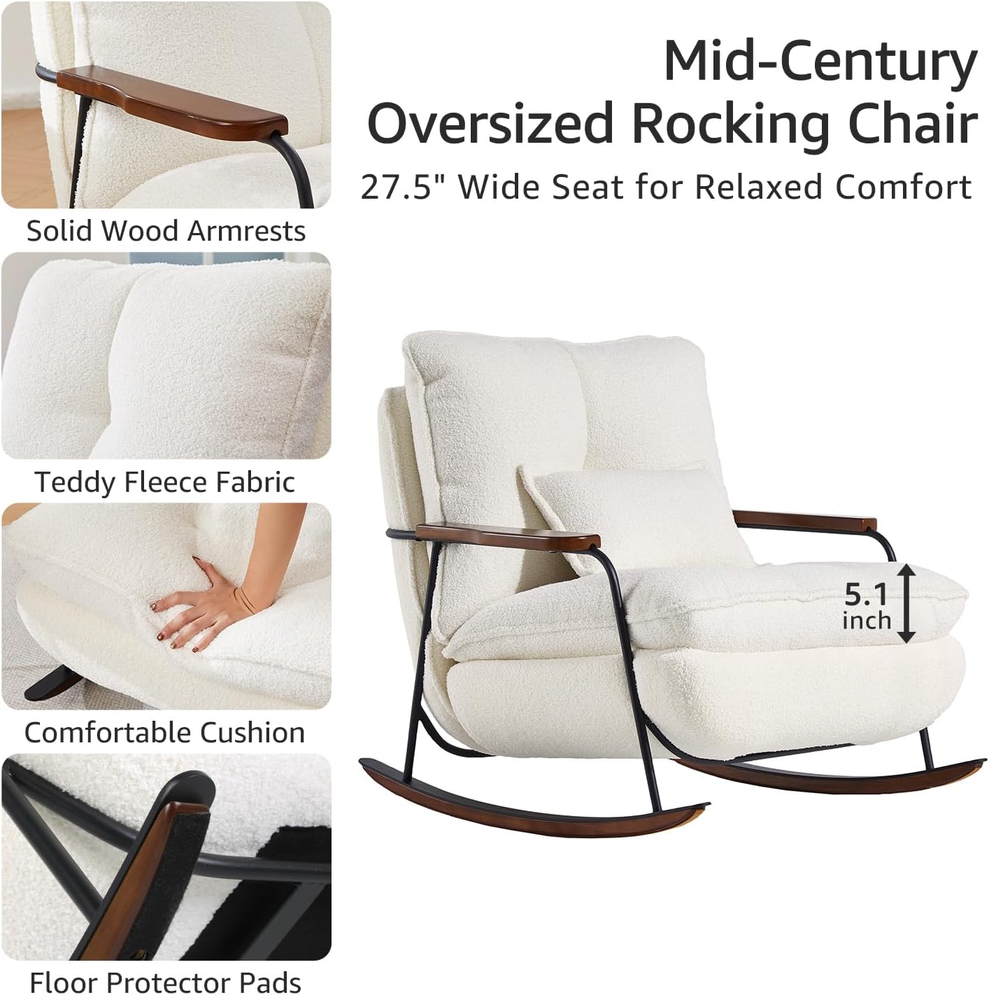 zyz Oversized Nursery Rocking Chair with Pillow, Teddy Upholstered Rocker Chair with Solid Wood & Steel Frame, 25° Gentle Rocking Accent Chair with DIY Ottoman Footrest for Living Room Bedroom, White