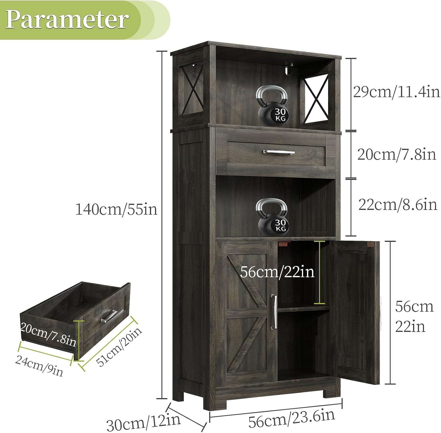 kepptory 55" Tall Kitchen Pantry, Farmhouse Storage Cabinet with Doors, Shelves and Drawer, Rustic Wood Cupboard for Kitchen, Dining Room