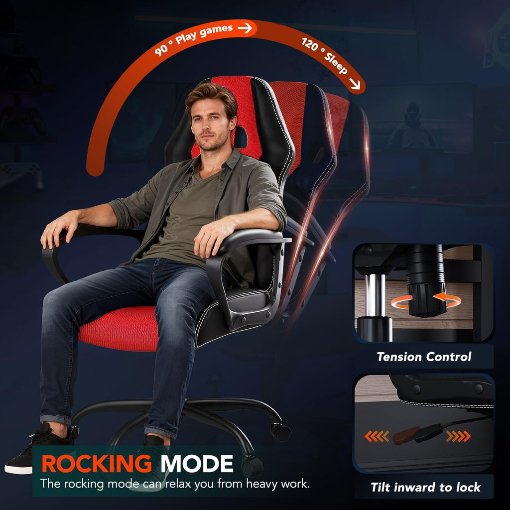 BestOffice Gaming Chair with Massage, Ergonomic Office Desk Chair, Adjustable Lumbar Support & Headrest,Computer Task Chair, 360° Swivel for Adults (Red)