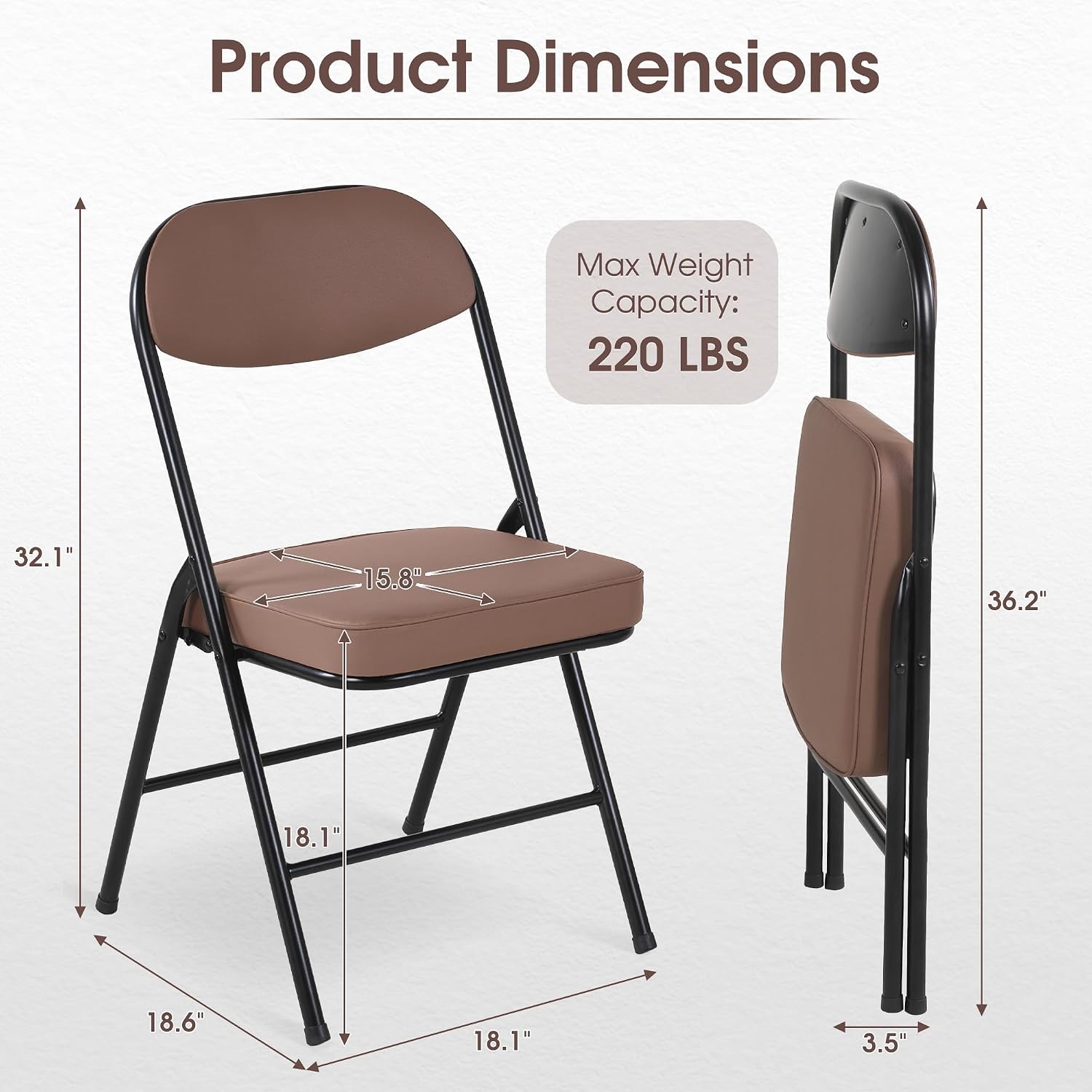 HOMEFUN Padded Folding Chairs Set of 4, Folding Chairs with Cushion and Durable Metal Frame，No Assemble Required for Party Kitchen Office Wedding Brown