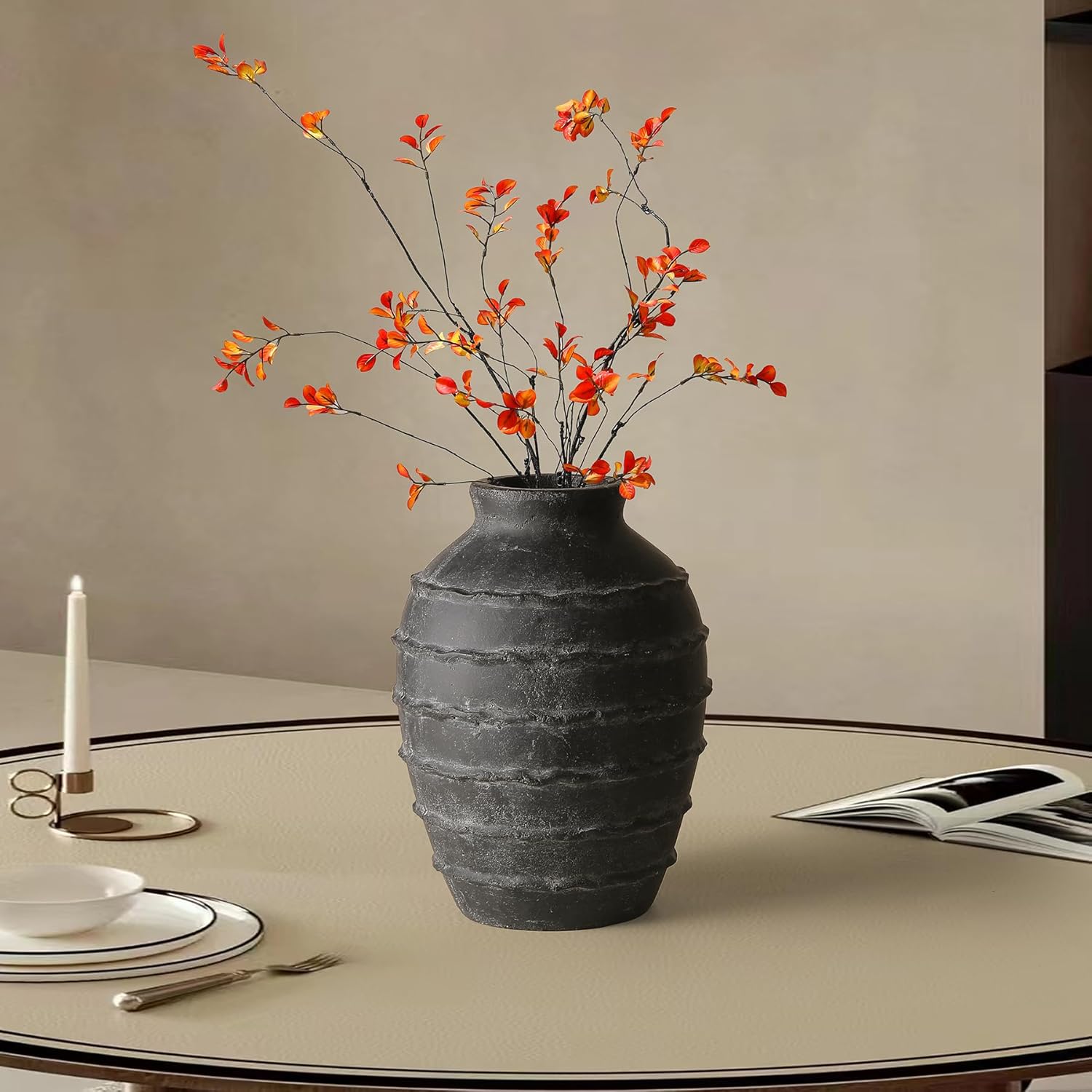 Kokrose Terracotta Vase, Black Vases Home Decor for Centerpieces, Large Vintage Rustic Flower Vase for Home Decor, Pottery Ceramic Vases, 11.2 Inch Table Top Fireplace Mantel Decor