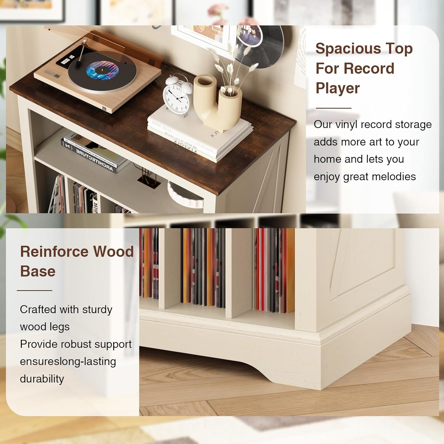 RowyPoey Large Farmhouse Record Player Stand, Turntable Stand with Vinyl Storage, Wood Record Holder Storage Cabinet Dispaly Shelf for Living Room, Bedroom, Office, Antique White