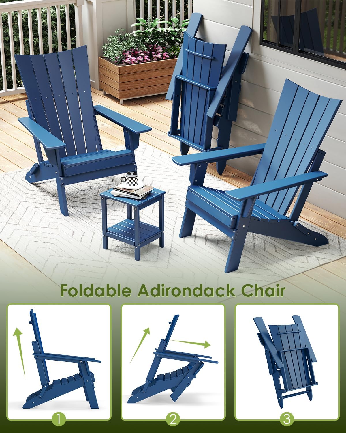 GREENVINES Folding-Adirondack-Chairs-Set-of-2 | HDPE Plastic | Arch Series | Fire Pit Chair | All Weather | for Outdoor Patio Deck Backyard Poolside | Blue