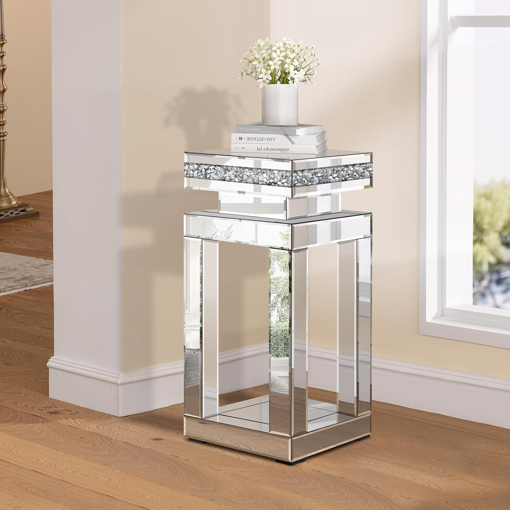 Silver Mirrored End Table, Modern Crushed Diamond Accent Tables, Small Side Coffee Table for Living Room, Bedroom, 11.8"x11.8"x23.6"