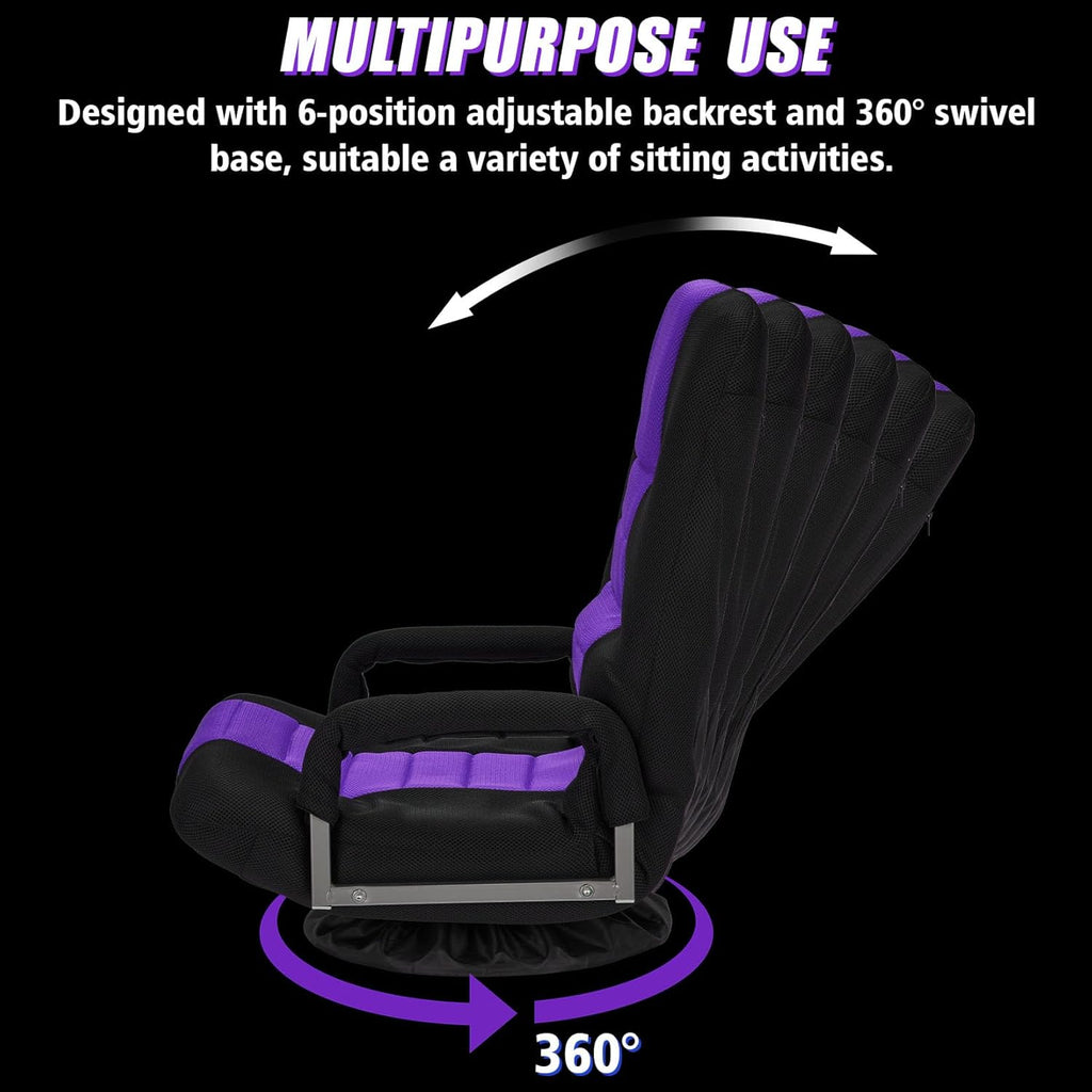 Swivel Gaming Chair Multipurpose Floor Gaming Chair for Playing Video Games, TV, Reading w/Armrest Lumbar Support & 6 Adjustable Postion Backrest for Adults,Purple
