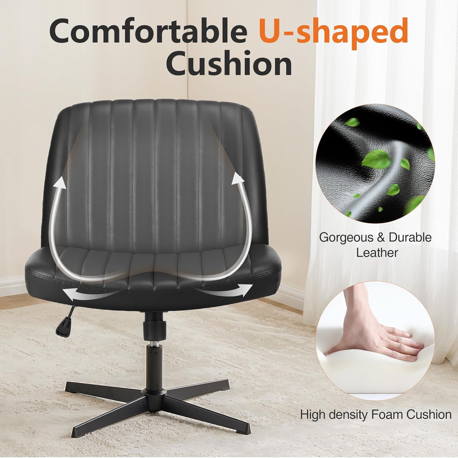 Sweetcrispy Criss Cross Chair Legged, PU Leather Armless Office Swivel Desk Chairs No Wheels, Vanity Height Adjustable Wide Seat Faux Leather Computer Task Chair for Home Bedroom, PU-Black