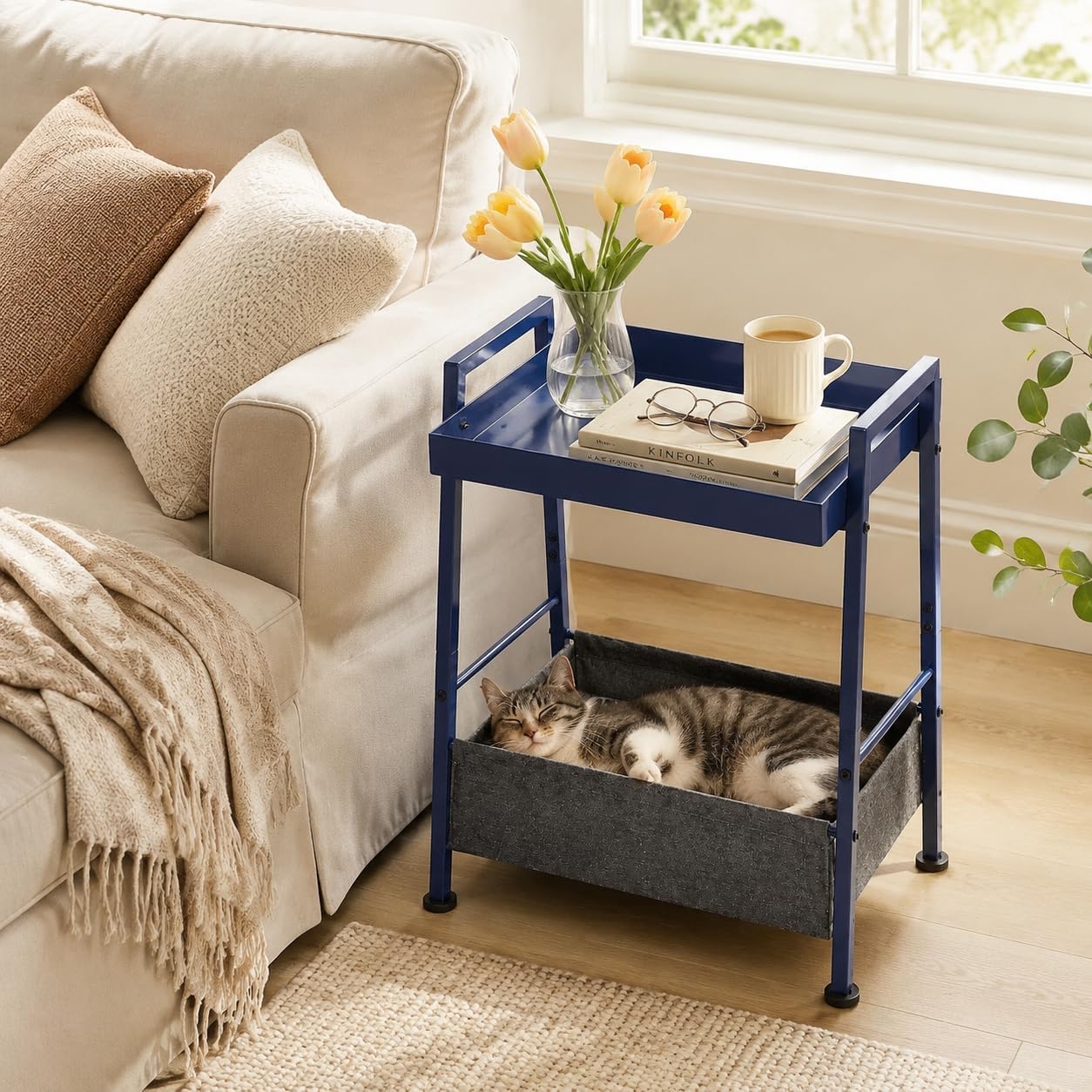 Small End Table with Fabric Storage Basket, 2-Tier Modern Metal Side Table with Tray Top, Unique Side Tables, Cute Coffee Table for Living Room, Bedroom, and Small Spaces, Navy Blue