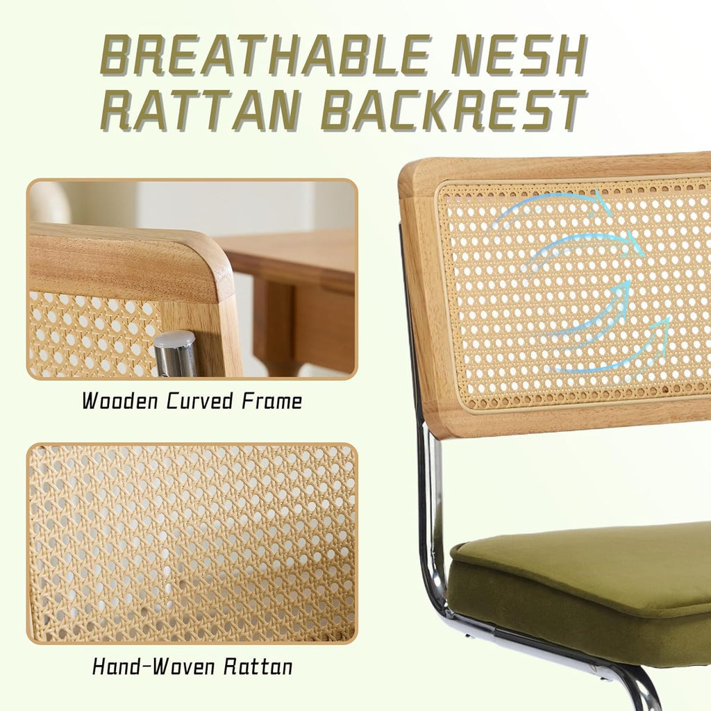Velvet Dining Chairs Set of 6 Handwoven Rattan Back Upholstered Seat&Chrome Base Mid Century Kitchen Chair,for Dining Room,Living Room,Bedroom,Olive Green