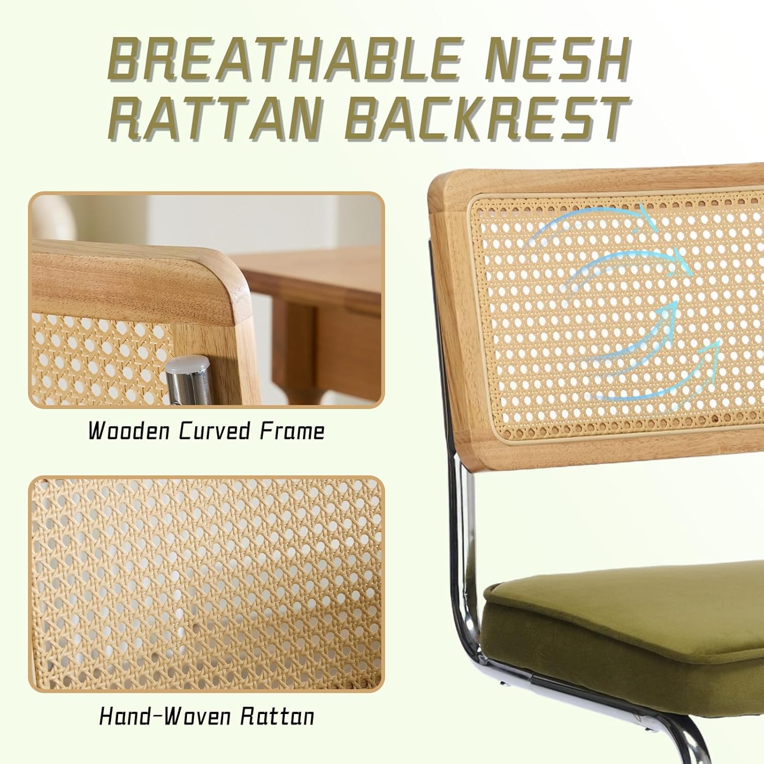 Velvet Dining Chairs Set of 2 Handwoven Rattan Back Upholstered Seat&Chrome Base Mid Century Kitchen Chair,for Dining Room,Living Room,Bedroom,Olive Green