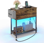 GOFLAME LED End Table with Hidden Charging Station, Narrow Compact Sofa Side Table with Storage Shelf & Fabric Drawer, Industrial Nightstand for Living Room, Bedroom, Rustic Brown (1)