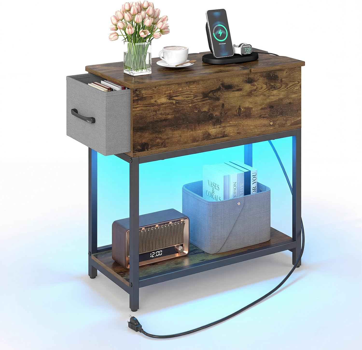 GOFLAME LED End Table with Hidden Charging Station, Narrow Compact Sofa Side Table with Storage Shelf & Fabric Drawer, Industrial Nightstand for Living Room, Bedroom, Rustic Brown (1)