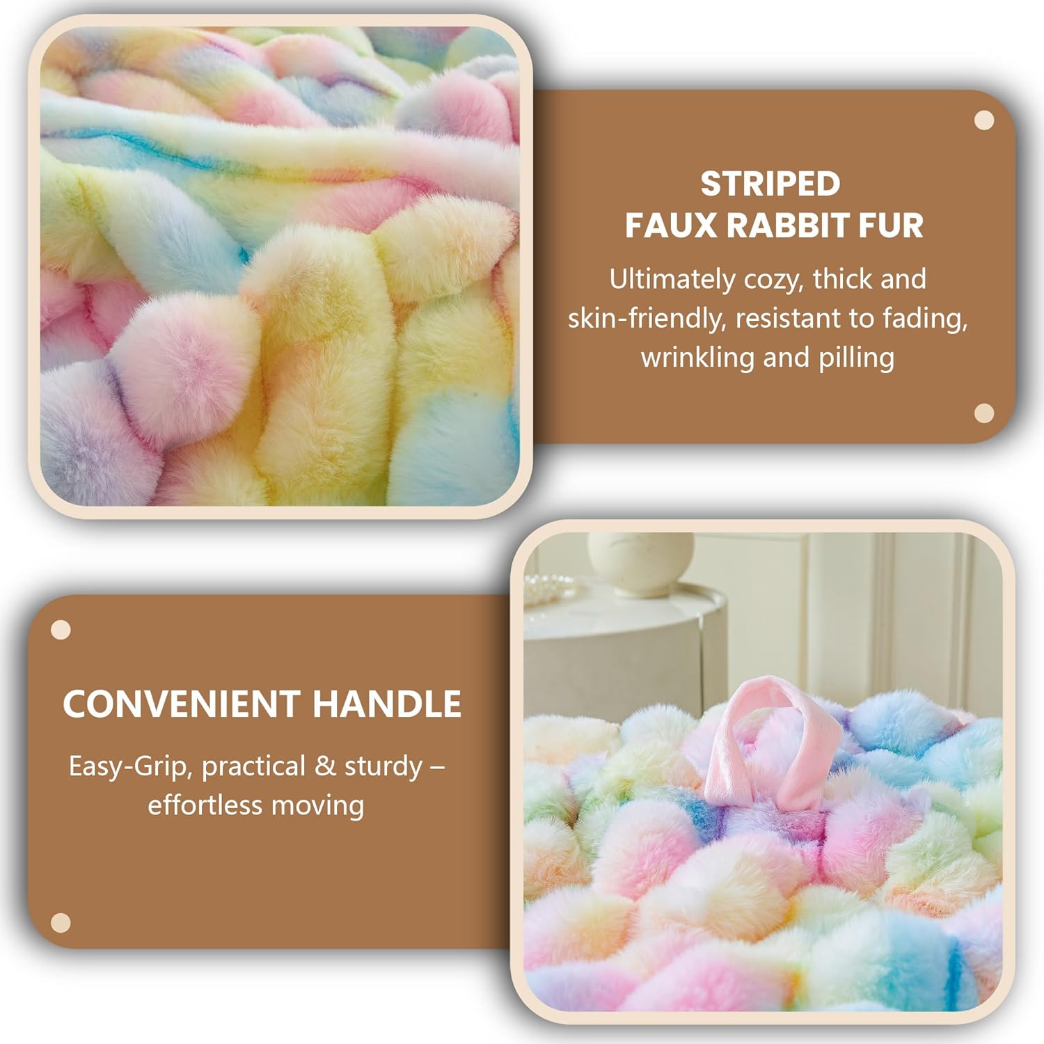 MEGO Kids Fluffy Faux Rabbit Fur Bean Bag Chair Cover(No Filler), Tie Dye Shaggy Striped Stuffed Animal Storage Bean Bag for Plush Toys, Fuzzy Ribbed Beanbag Cover Kids Girls Teens, Anti-slip, Rainbow