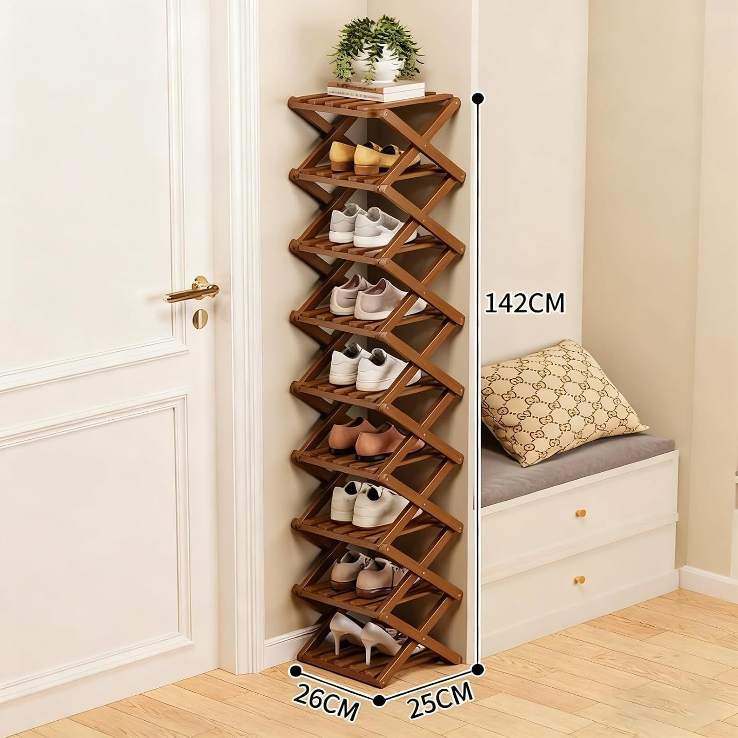9-Tier Pre-Assembled Bamboo Storage Rack — A Space-Saving Shoe Organizer Perfect for Entryways, Closets, and Dorm Rooms.