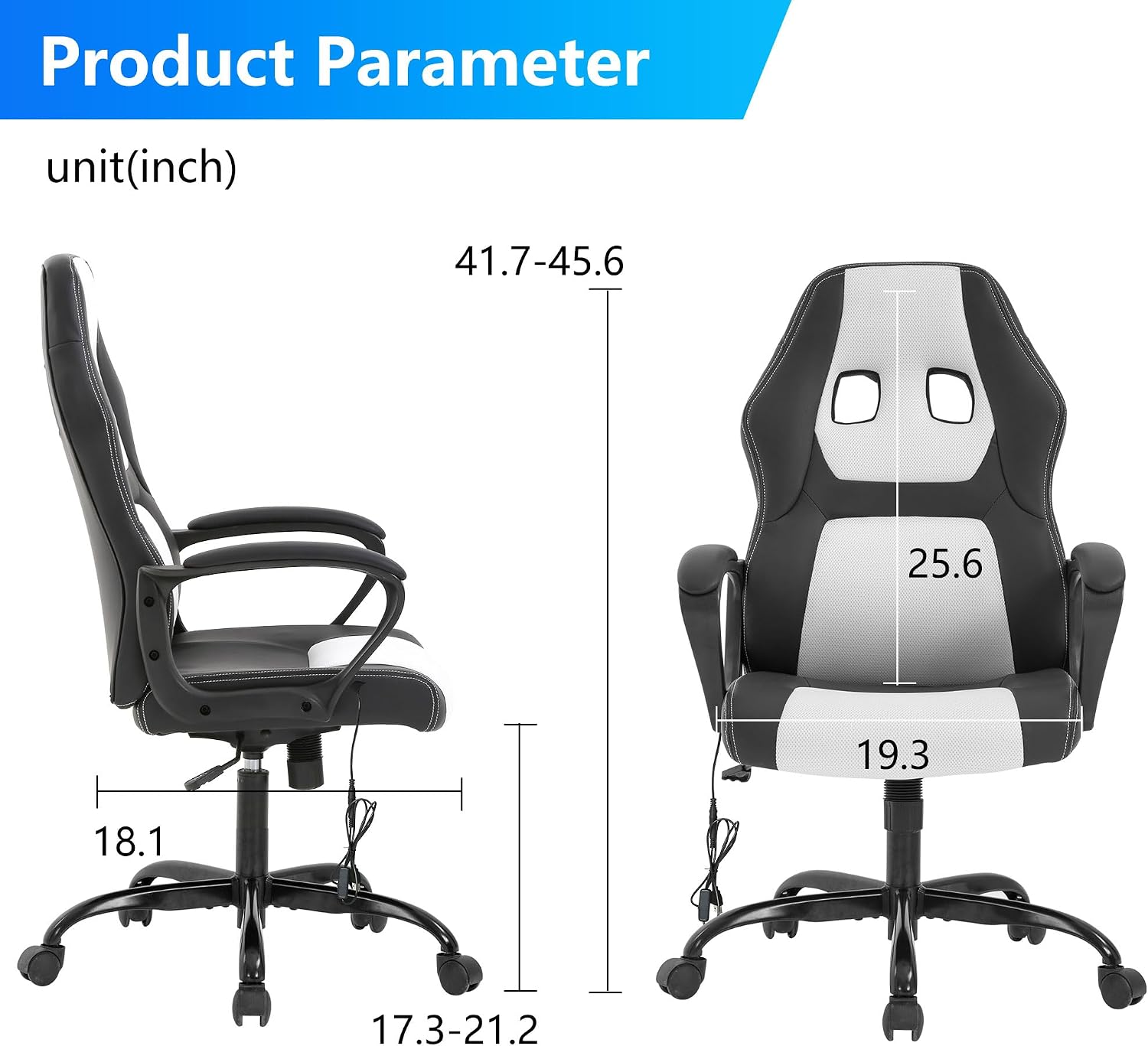 PayLessHere Gaming Chair Office Chair with Support Adjustable Ergonomic Pu Leather Racing Lumbar Massage Headrest Armrest Task 360° Swivel Computer Chair for Women Men Adults，White
