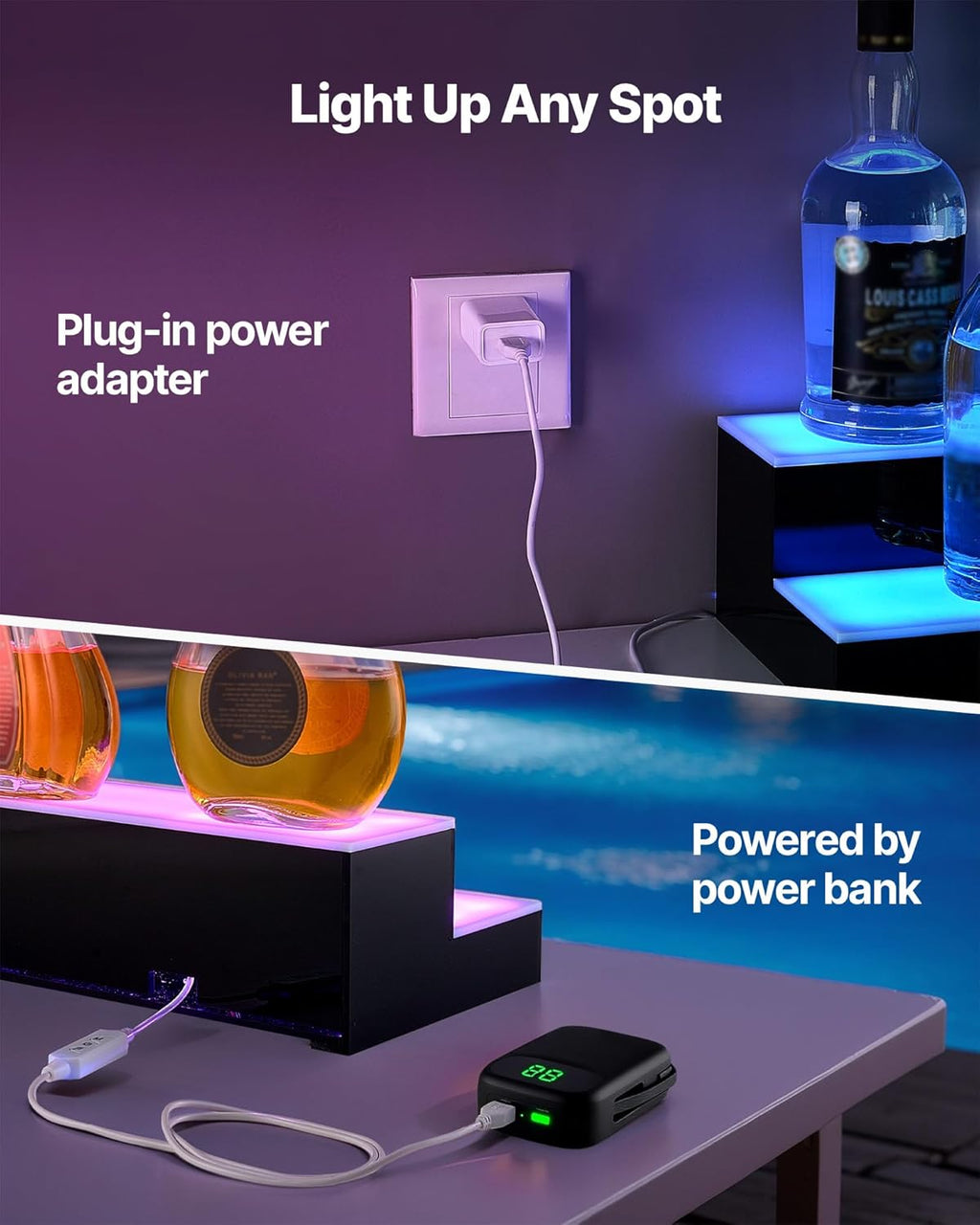 VEVOR LED Lighted Liquor Bottle Display, 2 Tiers 20 Inches Whiskey Rack, Supports USB, Illuminated Home Bar Shelf with RF Remote & App Control, 9 Static Colors, Acrylic Lighted Shelf for 10 Bottles