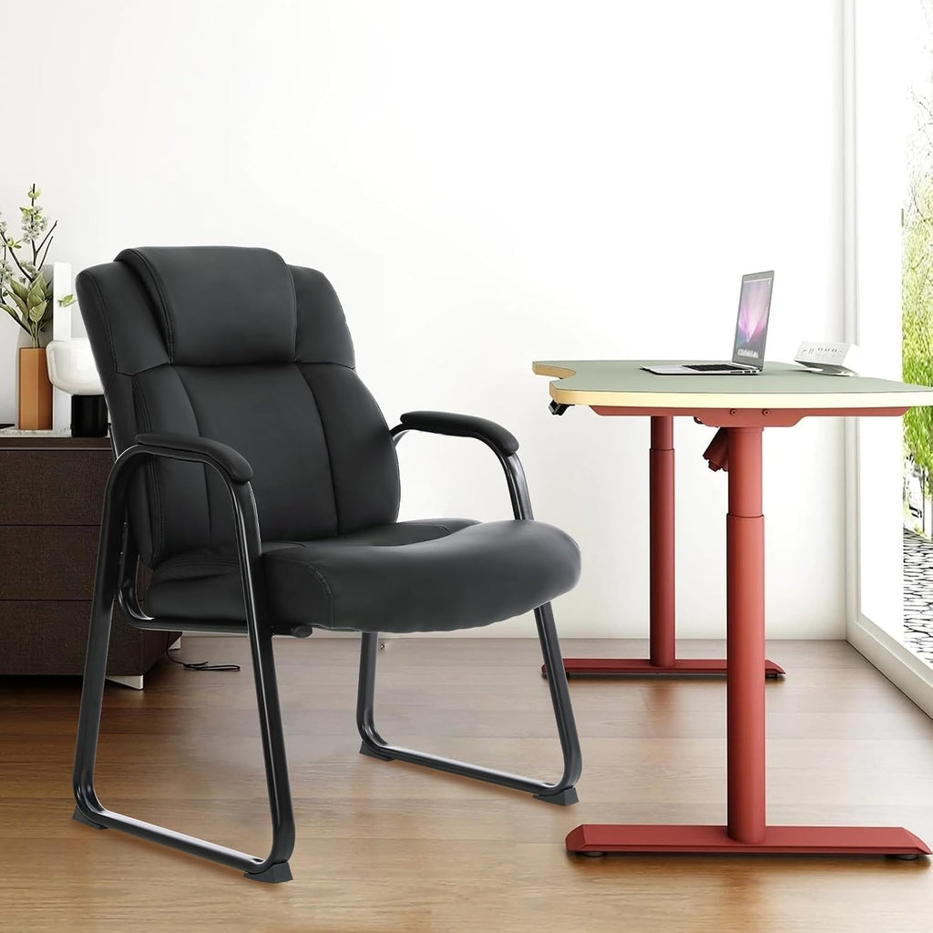 CLATINA Big and Tall Office Chair Set of 8 500lbs Leather Reception Chair with Bonded Padded Armrest Wide Seat Sled Base Desk Chair No Wheels for Reception Conference Waiting Room Side Office, Black