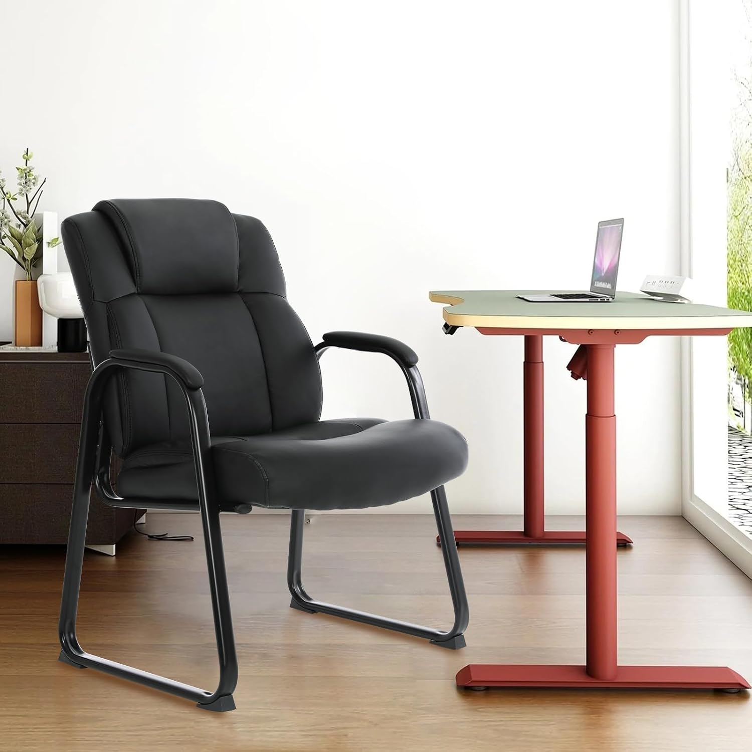CLATINA Big and Tall Office Chair Set of 8 500lbs Leather Reception Chair with Bonded Padded Armrest Wide Seat Sled Base Desk Chair No Wheels for Reception Conference Waiting Room Side Office, Black