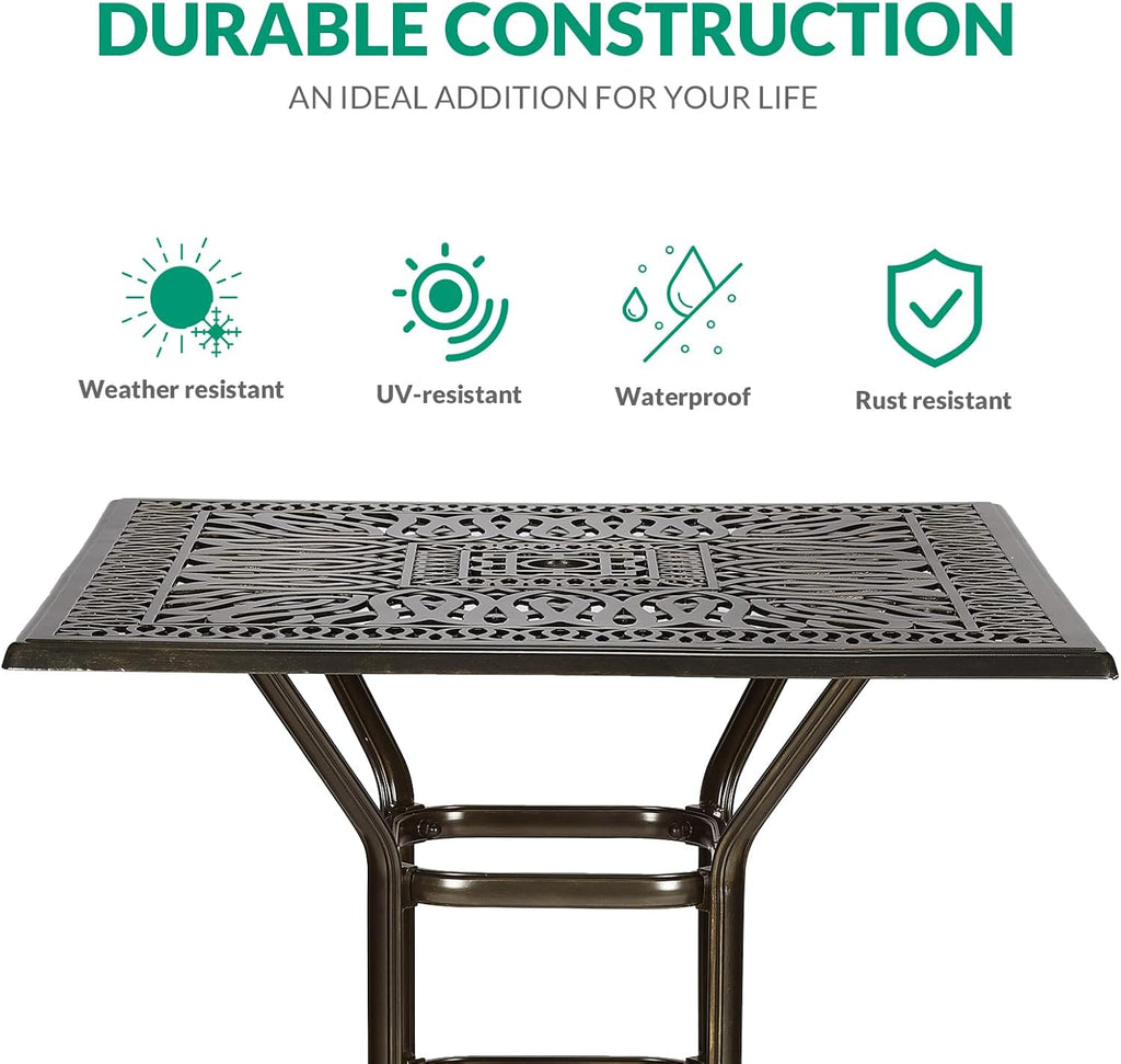 VIVIJASON 35.4" Patio Height Bar Table, All-Weather Cast Aluminum Bar Bistro Table Outdoor Patio Square Dining Table with 2.2" Umbrella Hole for Balcony, Lawn, Garden, Backyard, Antique Bronze