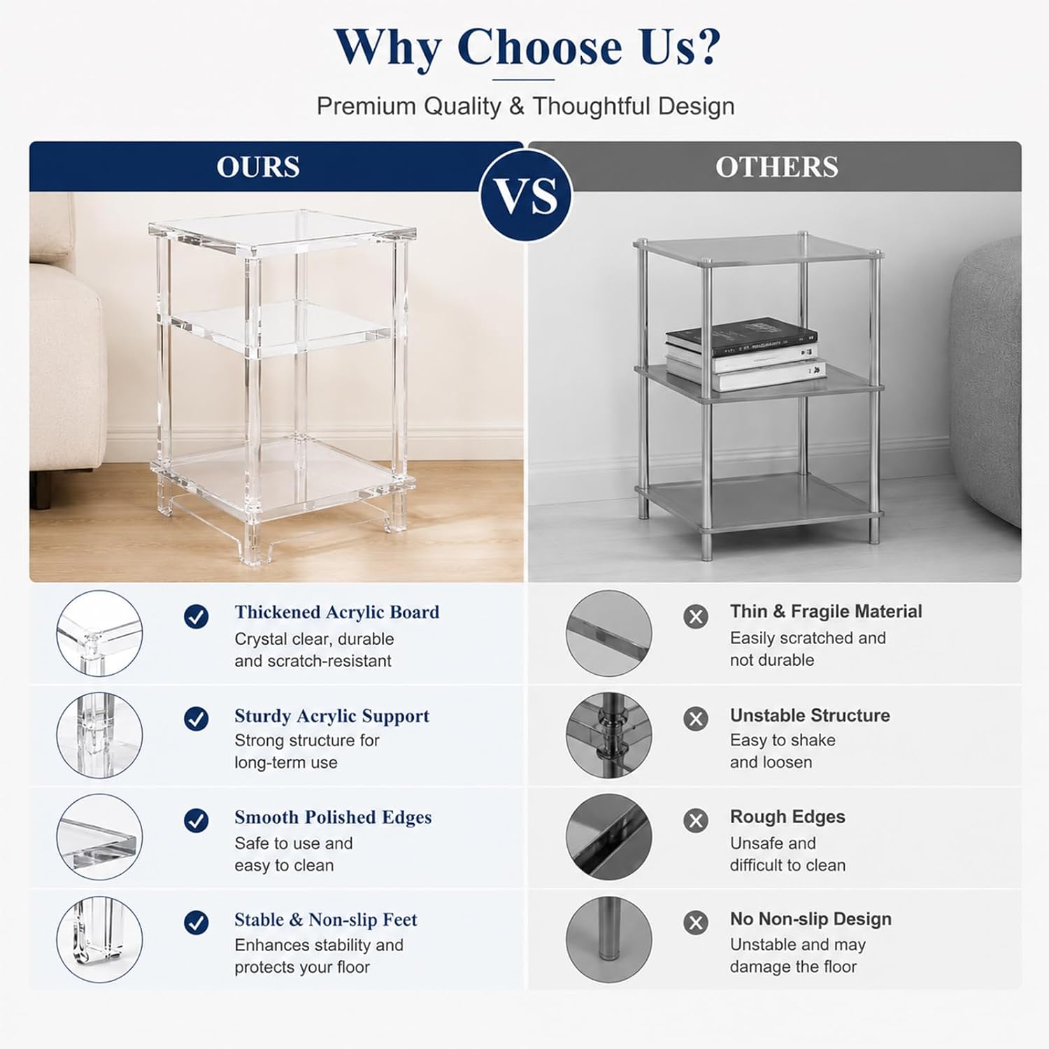 Thick Acrylic Side Shelf Table, 3-Tier Narrow Clear Acrylic End Table Nightstand, Square Transparent Small Coffee Table for Living Room Bedroom Small Space
